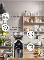 مطحنة قهوة كهربائية دقيقة من CUFI بسعة 12 كوبًا، 25 ترسًا، هيكل من الفولاذ المقاوم للصدأ