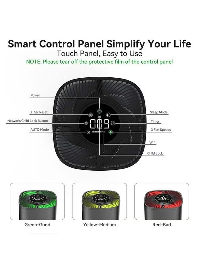أجهزة تنقية الهواء لغرفة النوم، فلتر هواء HEPA، جهاز تنقية الهواء PM2.5، مع موسيقى للنوم، جهاز تنقية هواء صغير محمول وهادئ، للمنزل والمكاتب وغرفة المعيشة، وظيفة واي فاي، أسود Main Image
