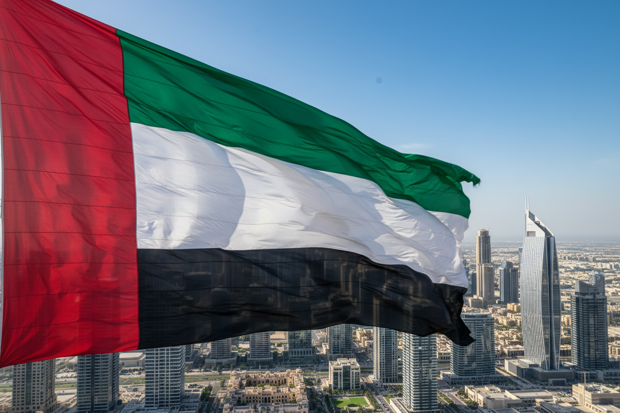 generate uae image showing flag in air incity